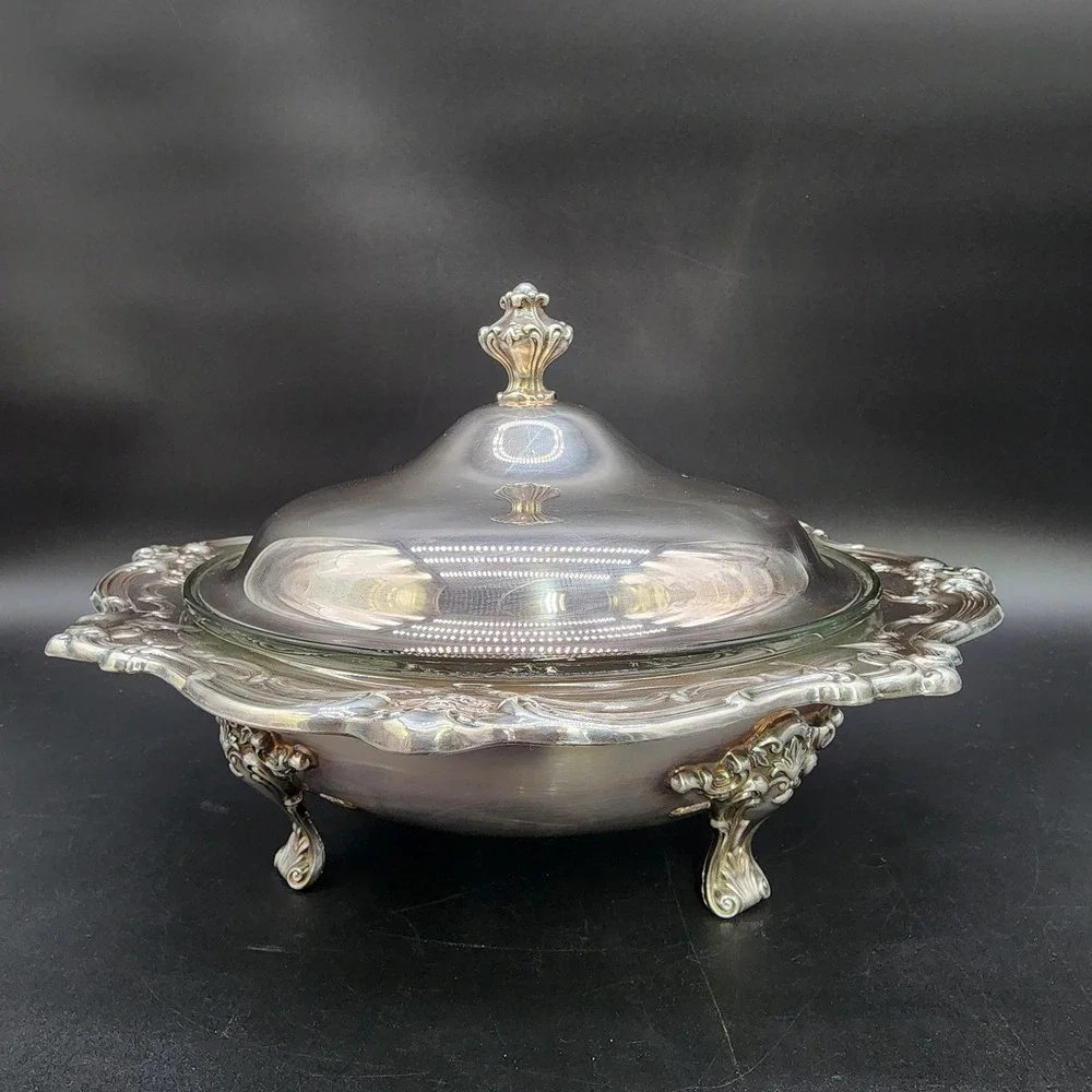VTG Gorham Silver Plated Glass Insert Lidded Casserole‎ Dish Footed Ornate